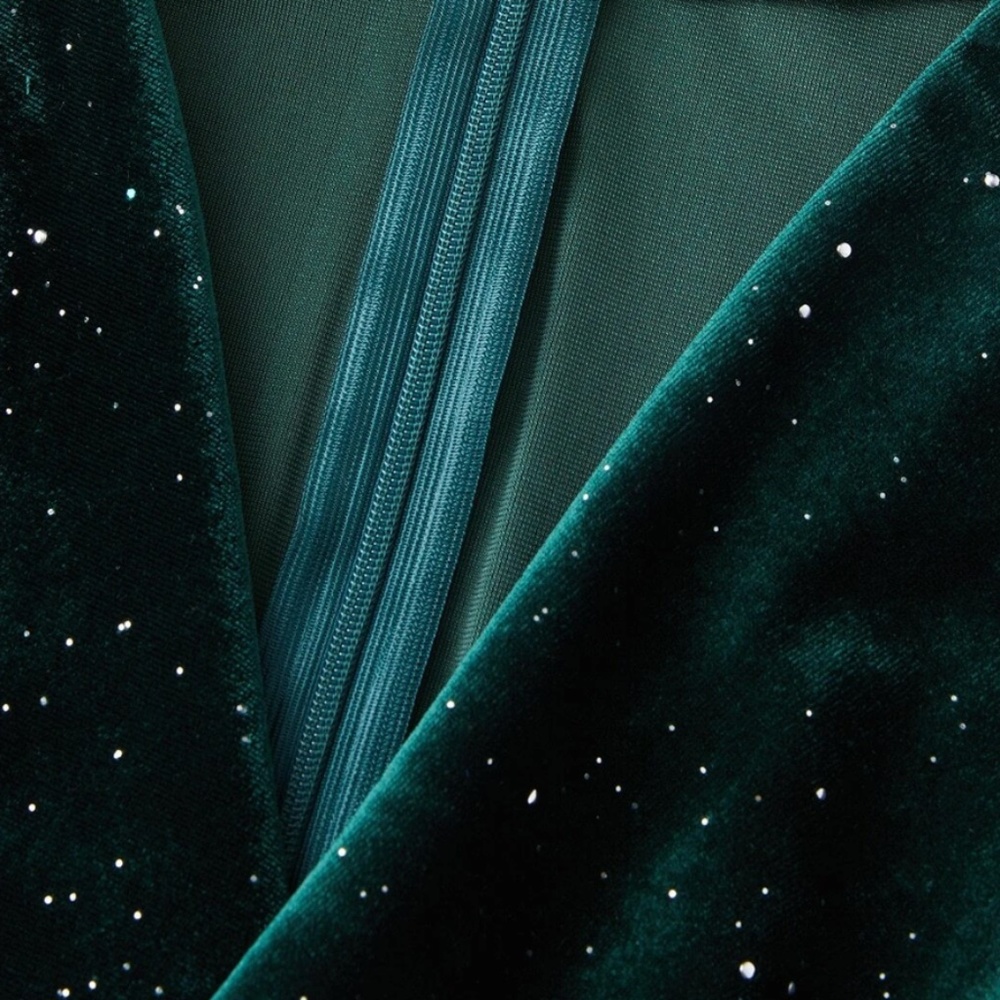 Sparkly Deep Green Velvet Deep V High Slit Midi Dress Long Sleeve - Picture 9 of 16